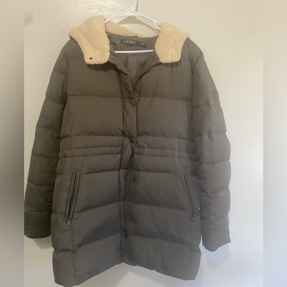 Ralph Lauren Khaki Puffer Coat with Beige Collar